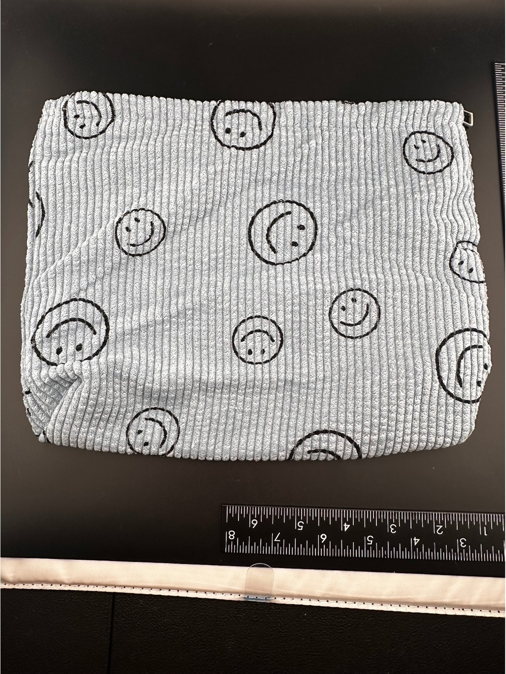 Light Blue Corduroy Zippered Pouch with Smiley Face Pattern